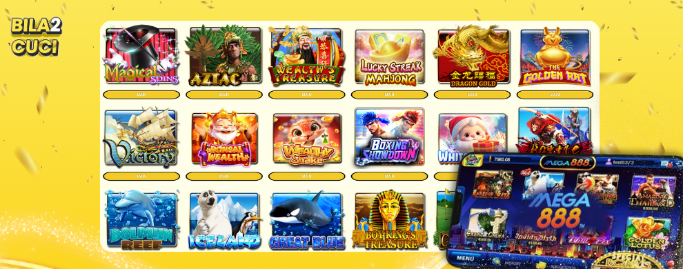 MEGA888 slot game list with mobile view
